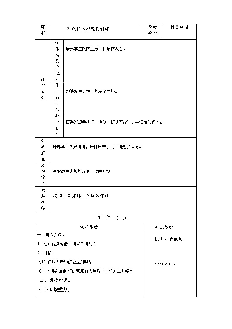 部编版四年级道法上册我们的班规我们订（第二课时） - 教案01