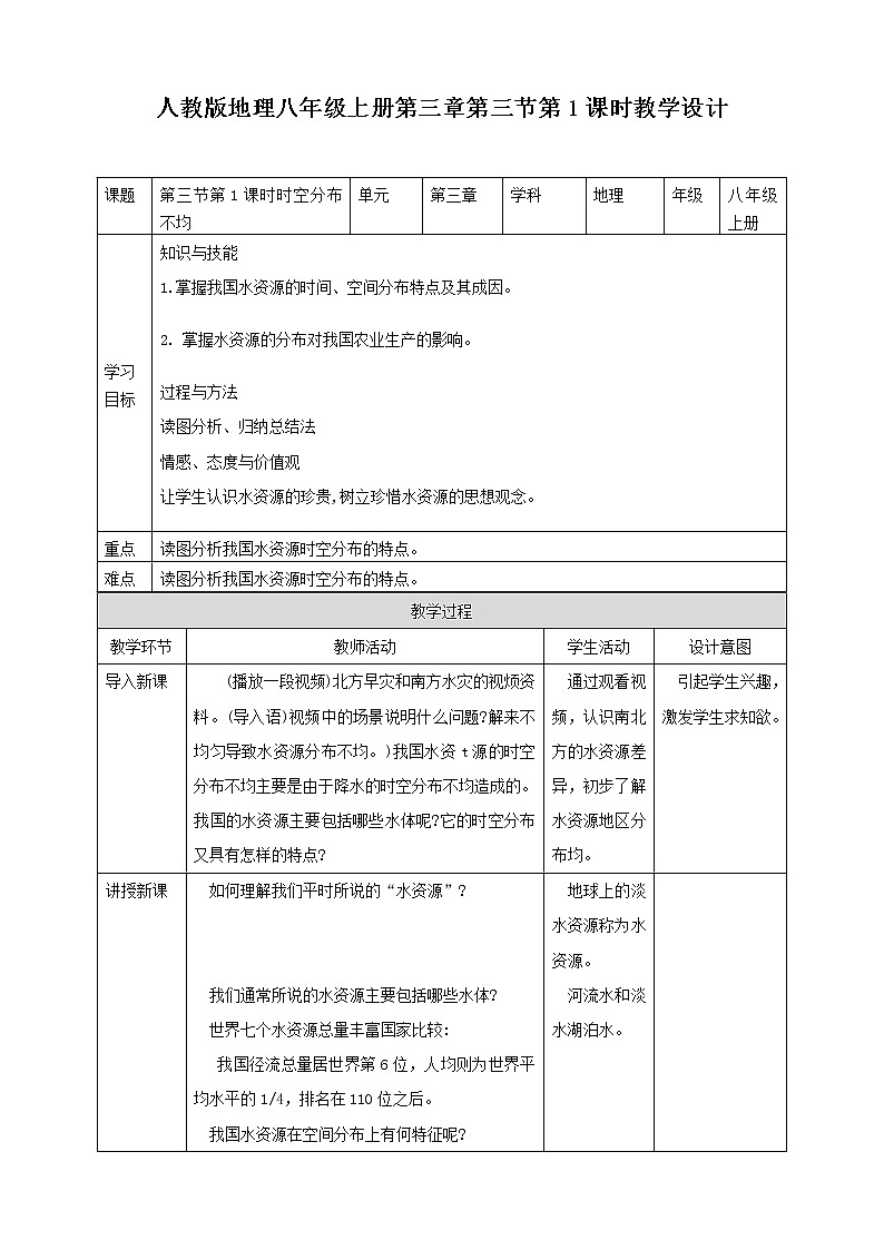 人教版地理八年级上册 第三章第三节 第1课时 水资源 课件+教案01