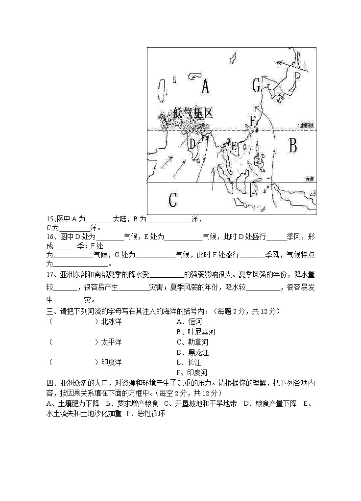 人教版七年级地理下册单元测试 ：第六章我们生活的大洲-亚洲(1)02