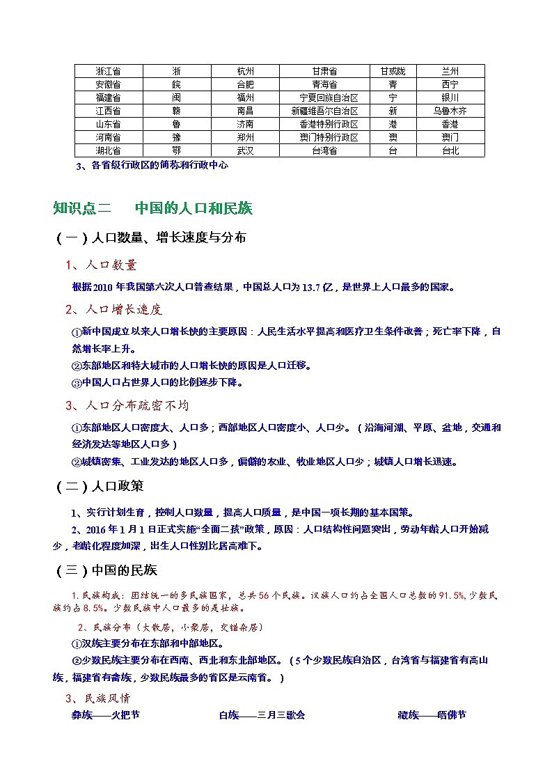湘教版八年级上册《地理》第一章   中国的疆域与人口知识点归纳，考前必备02