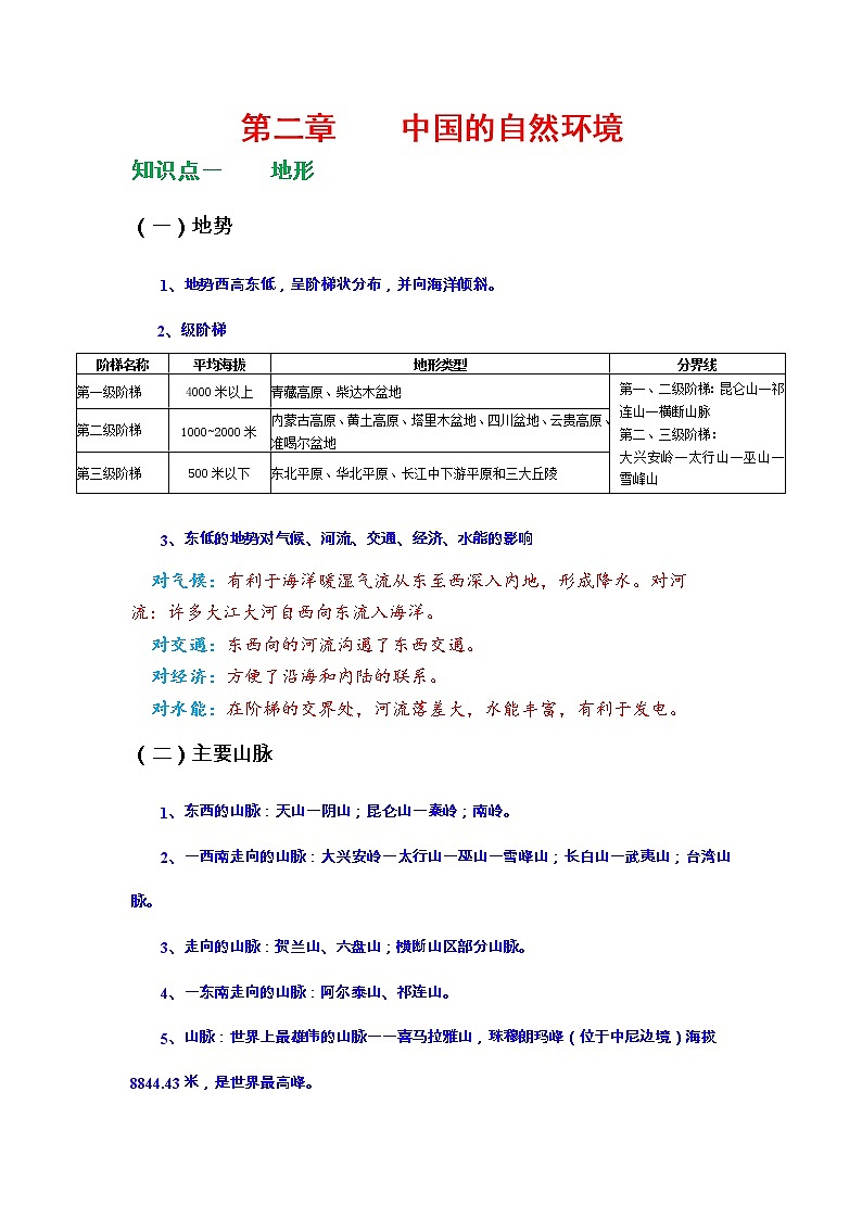 湘教版八年级上册《地理》第二章    中国的自然环境知识点归纳，考前必备01
