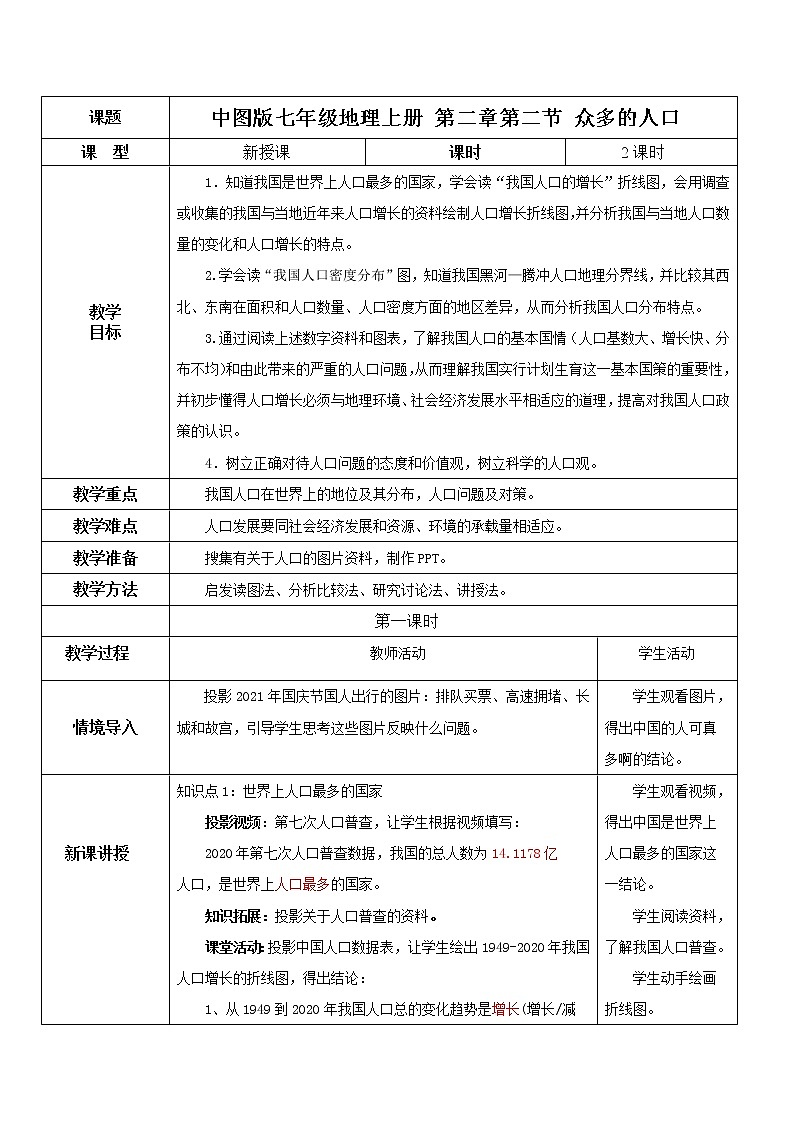 2021年中图版地理七年级上册：2.2众多的人口课件+教案+习题+视频01