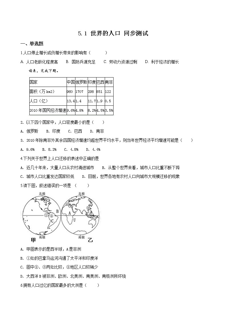 商务星球版七年级上册地理 5.1 世界的人口 同步测试（含解析）01