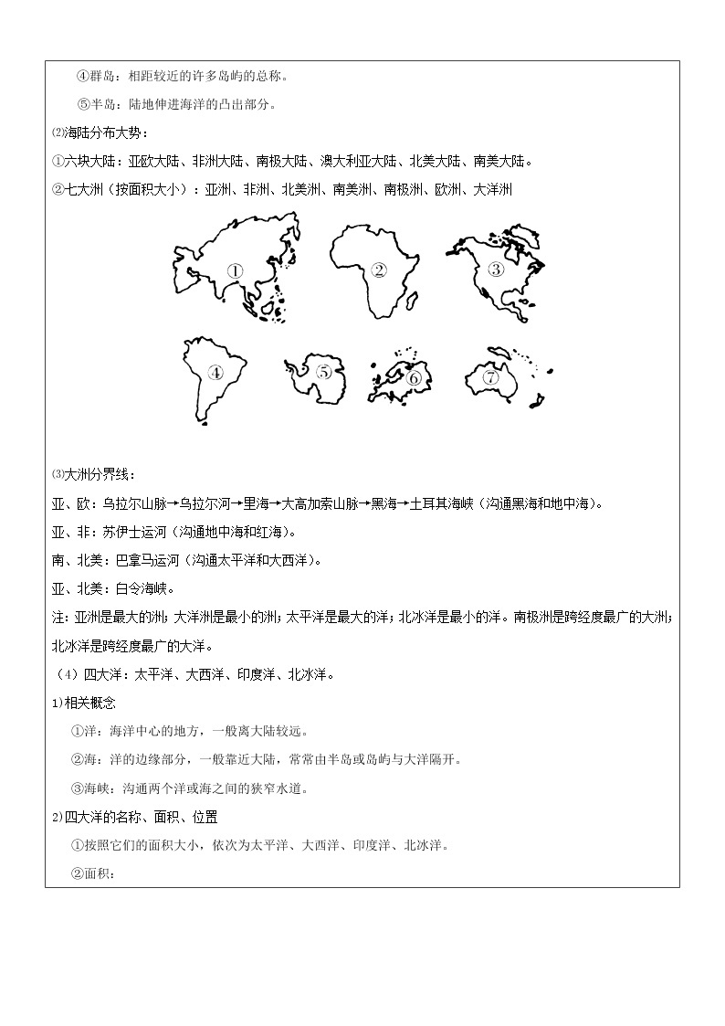 人教版（新课标）七年级地理上册：第二章（陆地和海洋）-本章复习与测试（1）教案02