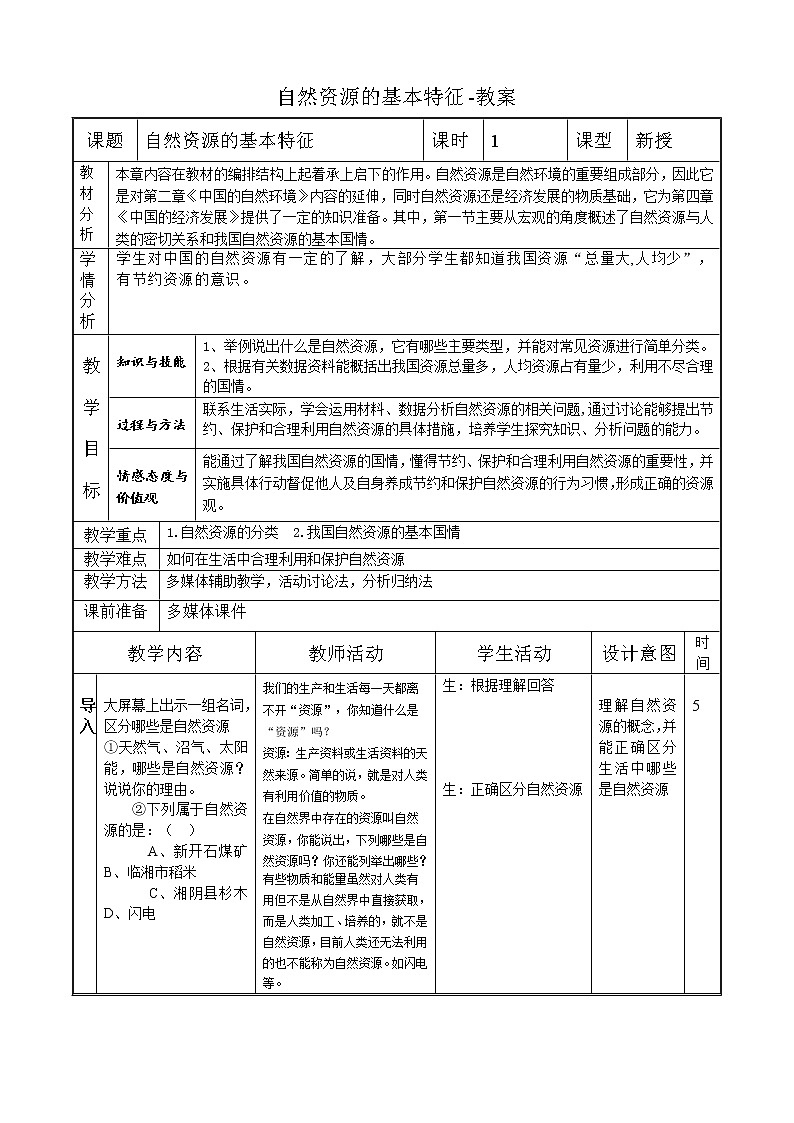 人教版（新课标）八年级地理上册：3.1 自然资源的基本特征-教案第1页