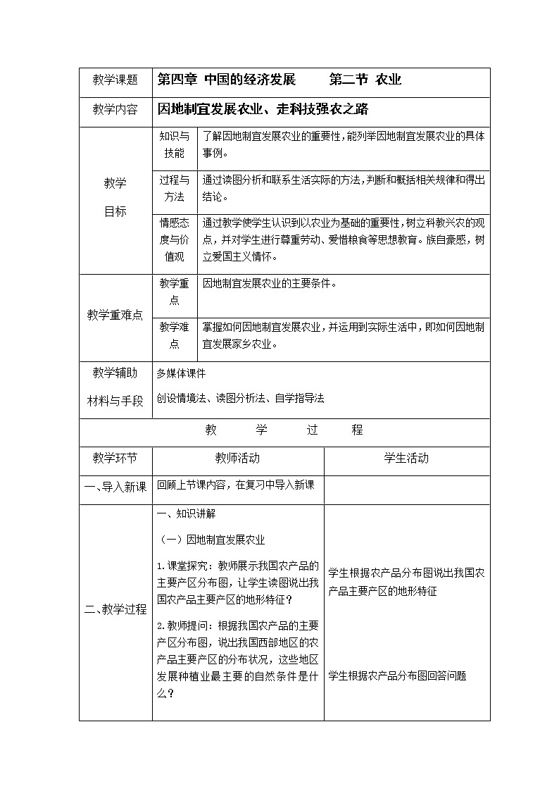 人教版八年级上册4.2 农业（下）教案01