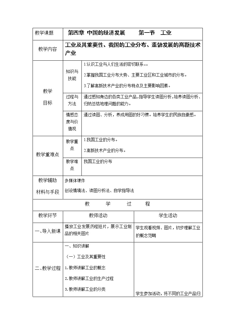 人教版八年级上册4.3 工业教案第1页