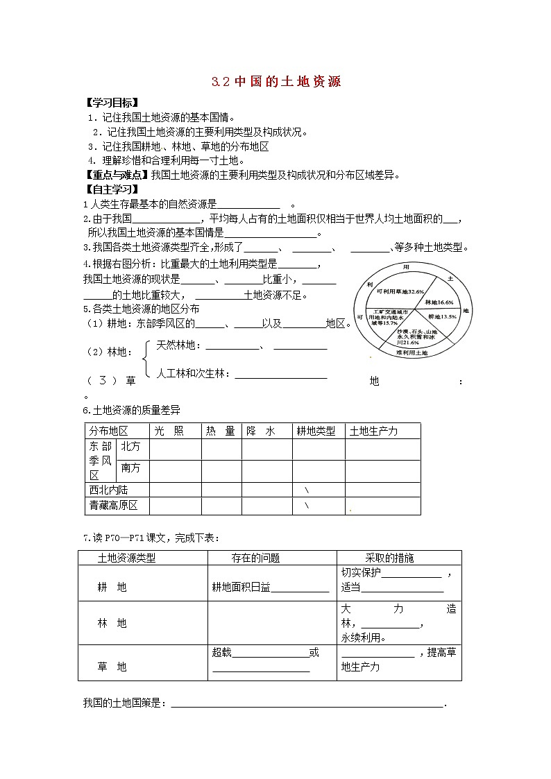 八年级地理上册 3.2 中国的土地资源学案（答案不全）（新版）湘教版01