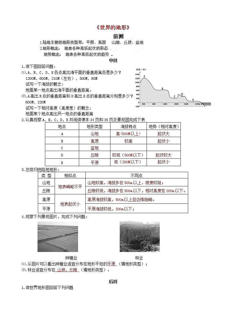 湘教版地理七年级上册2.3《世界的地形》流程性检测单1第1页