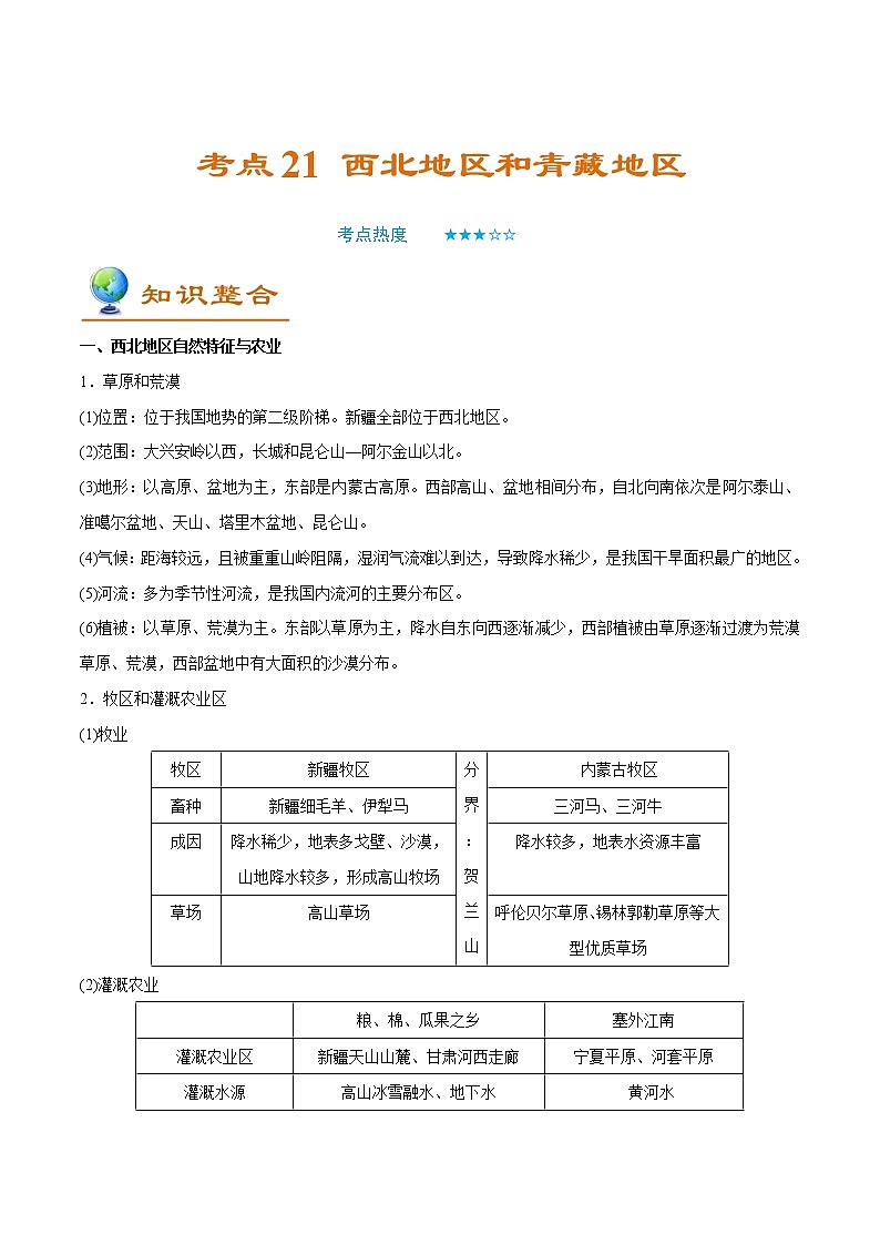 备战2022年中考地理一轮考点21 西北地区和青藏地区 （解析版）学案01