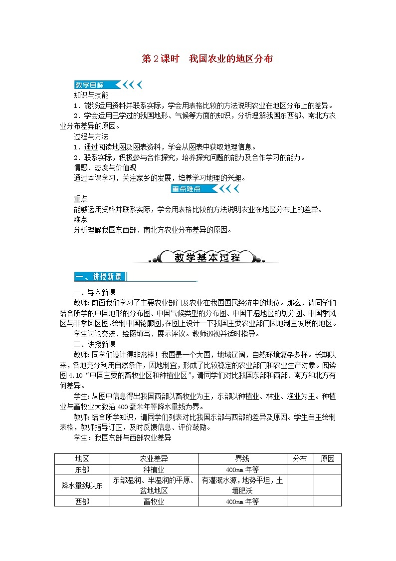 八年级地理上册第四章中国的经济发展第二节农业第2课时我国农业的地区分布教案新人教版01