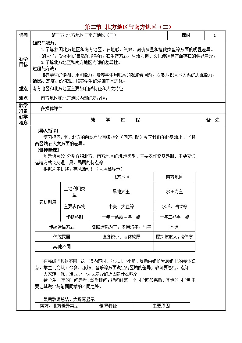 湘教版地理八年级下册  《第5章第2节 北方地区和南方地区》word教案 (22)01