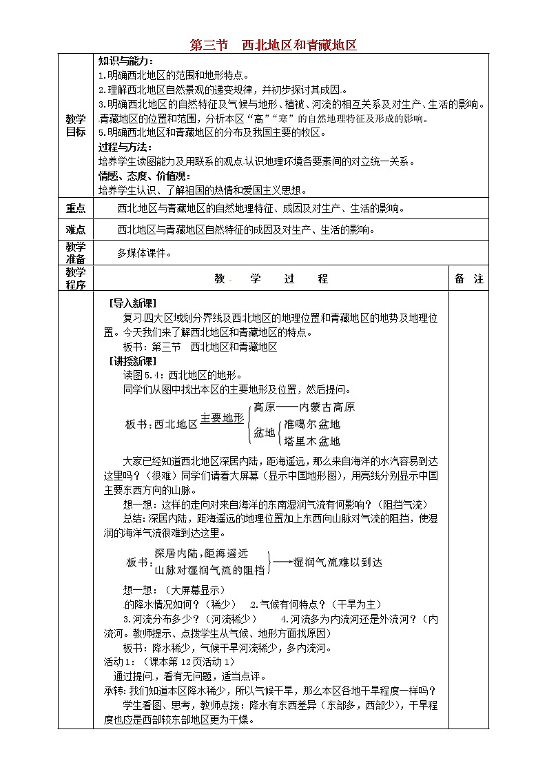 湘教版地理八年级下册  《第5章第3节 西北地区和青藏地区》word教案 (21)01