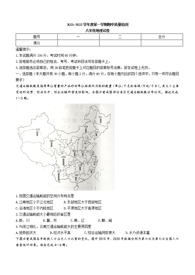 河北省唐山市乐亭县2021-2022学年八年级上学期期中地理【试卷+答案】第1页