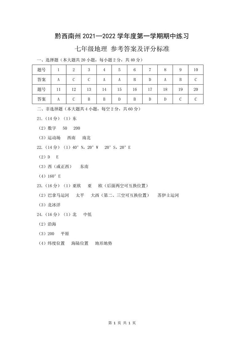 黔西南州2021—2022学年度第一学期期中练习-七年级地理-参考答案第1页