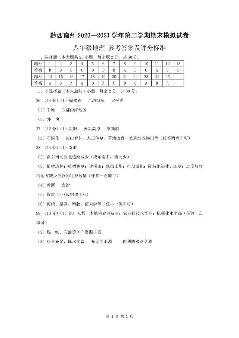 黔西南州2020—2021学年第二学期期末模拟试卷-八年级地理-参考答案第1页