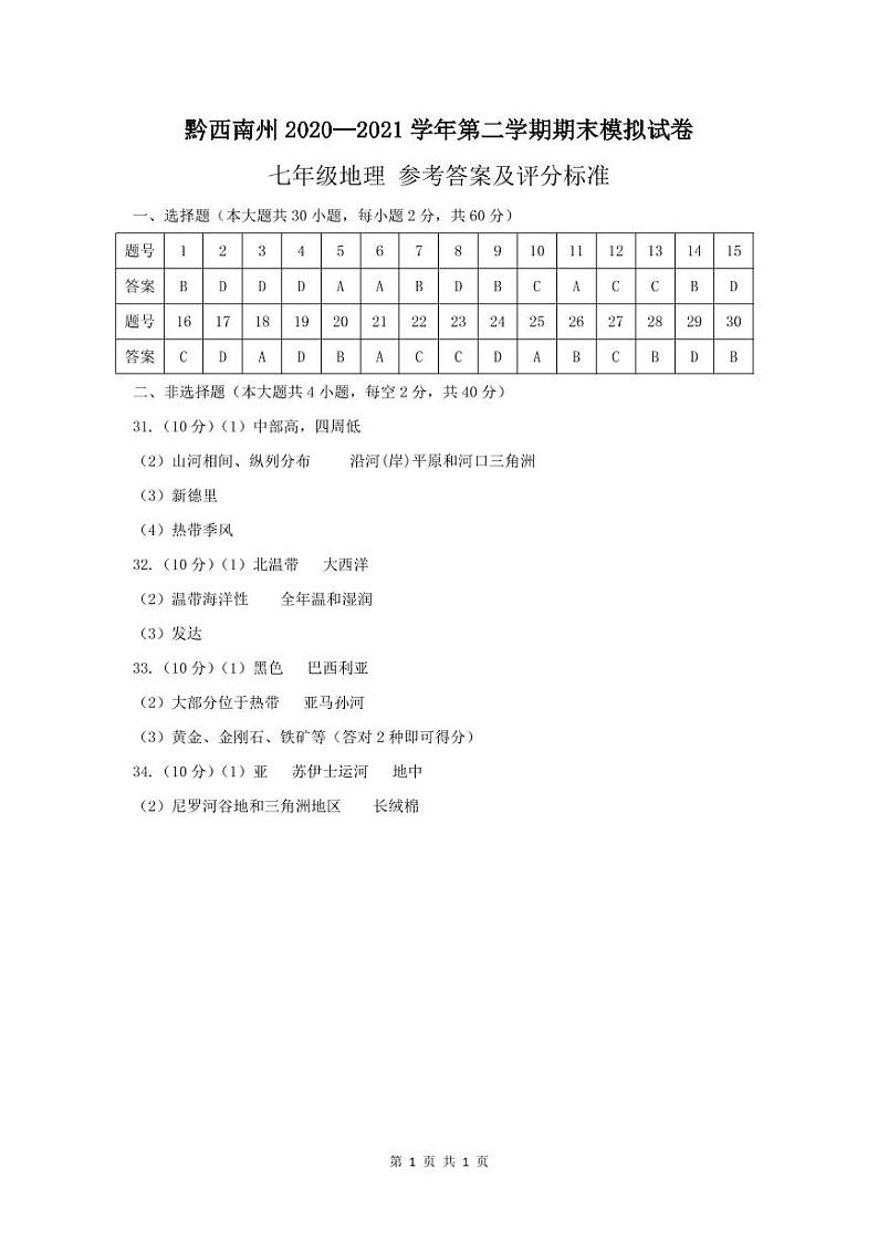 黔西南州2020—2021学年第二学期期末模拟试卷-七年级地理（定稿）01