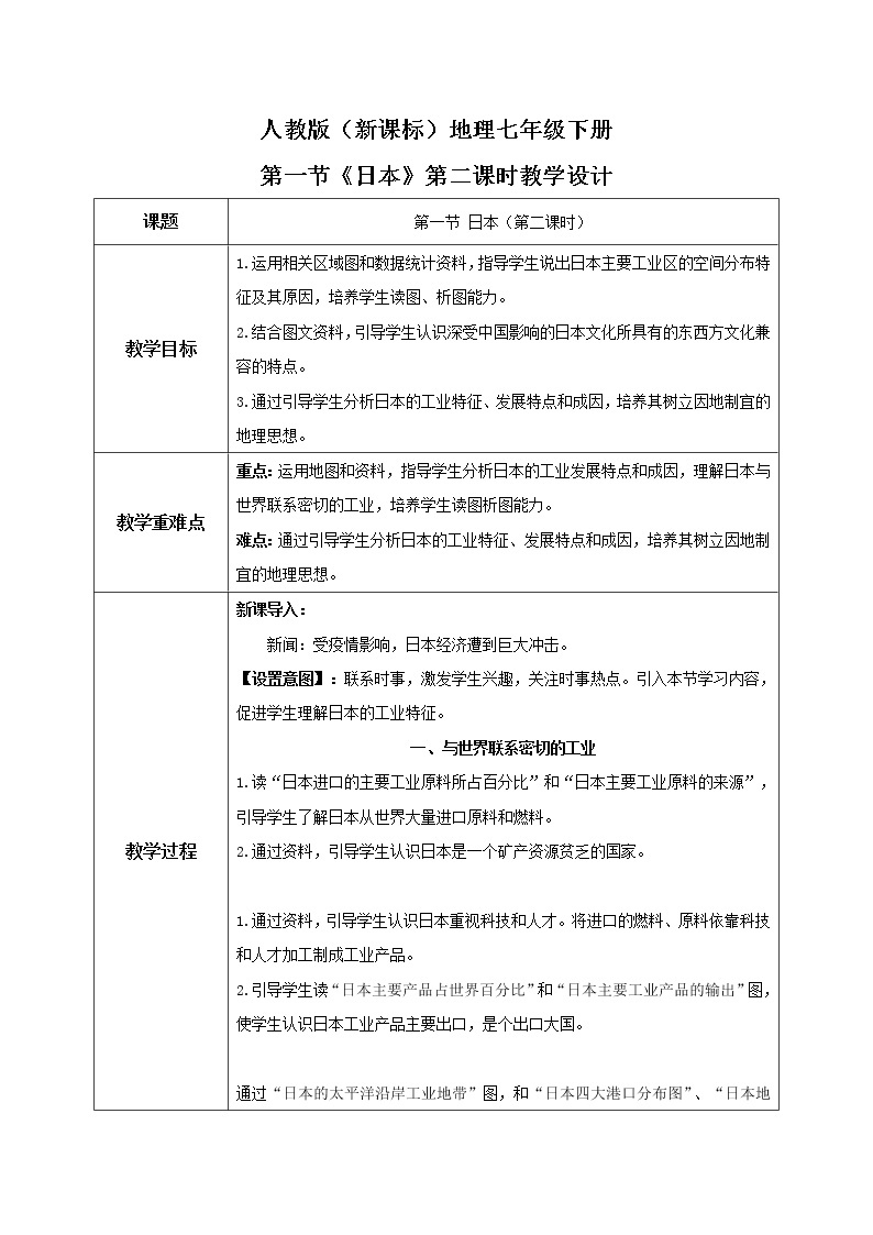 人教版（新课标）地理七年级下册：第一节《日本》（第二课时）（课件+教案+同步练习）01