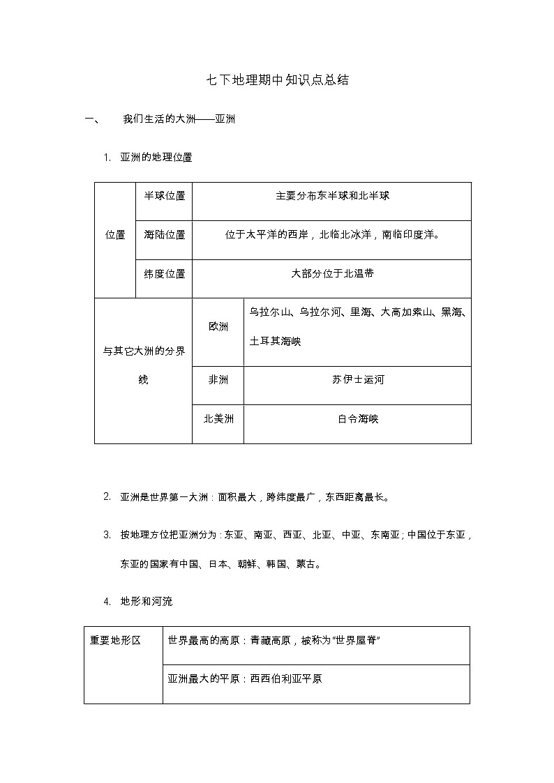 人教版七年级下册地理期中知识点总结01