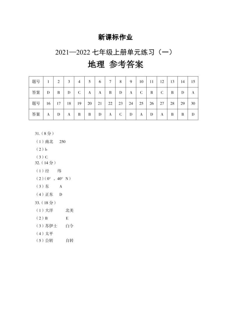 【七年级地理】7地理-新课标作业2021—2022七年级上册单元练习（一）01