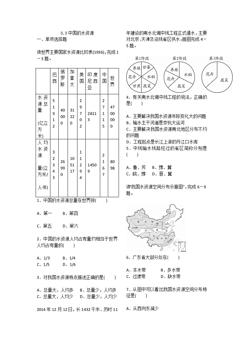 3.3中国的水资源-同步练习2021-2022学年湘教版八年级地理上册01
