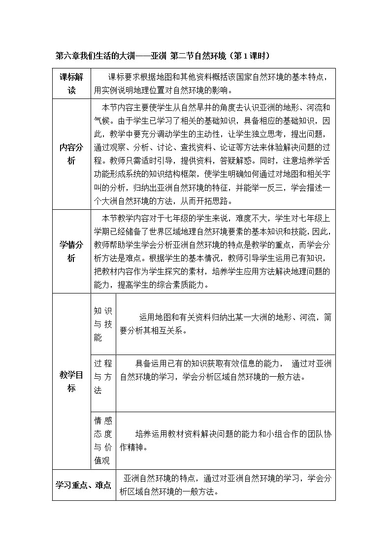 人教版地理七年级下册 第6章我们生活的大洲——亚洲第2节自然环境（第1课时  教案01