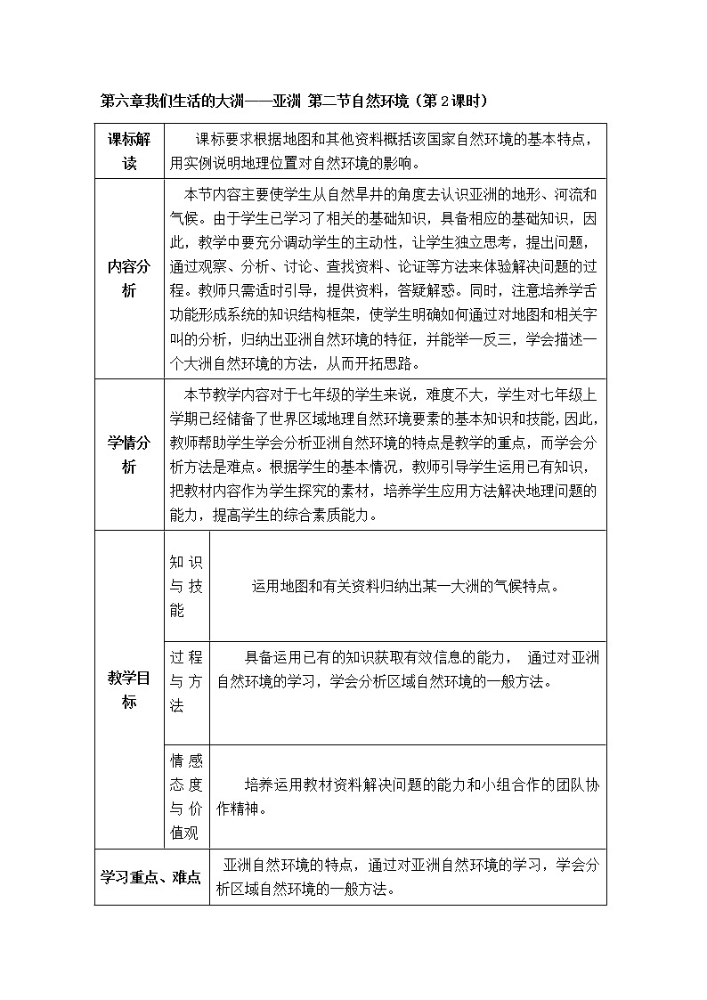 人教版地理七年级下册 第6章我们生活的大洲——亚洲第2节自然环境（第2课时  教案01