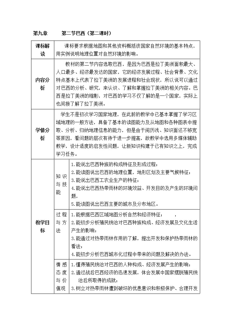 人教版地理七年级下册 第9章 西半球的国家 第2节巴西2  教案第1页
