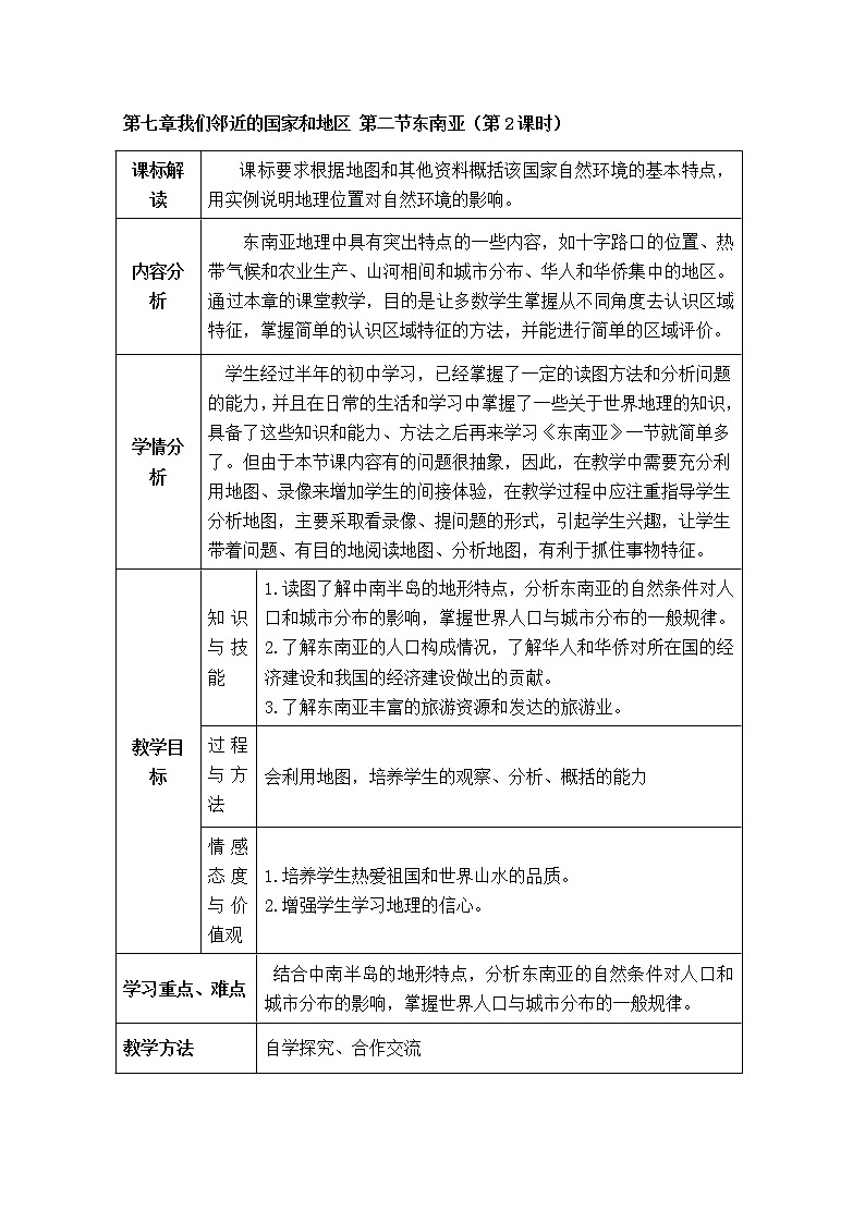 人教版地理七年级下册 第7章我们邻近的国家和地区第2节东南亚（第2课时  教案01