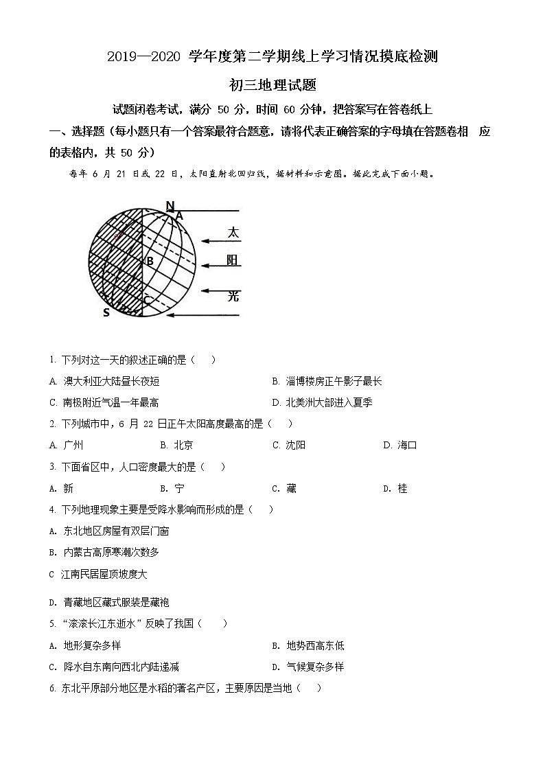 精品解析：2020年山东省淄博市张店区中考一模地理试题01