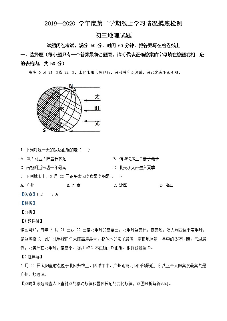 精品解析：2020年山东省淄博市张店区中考一模地理试题01