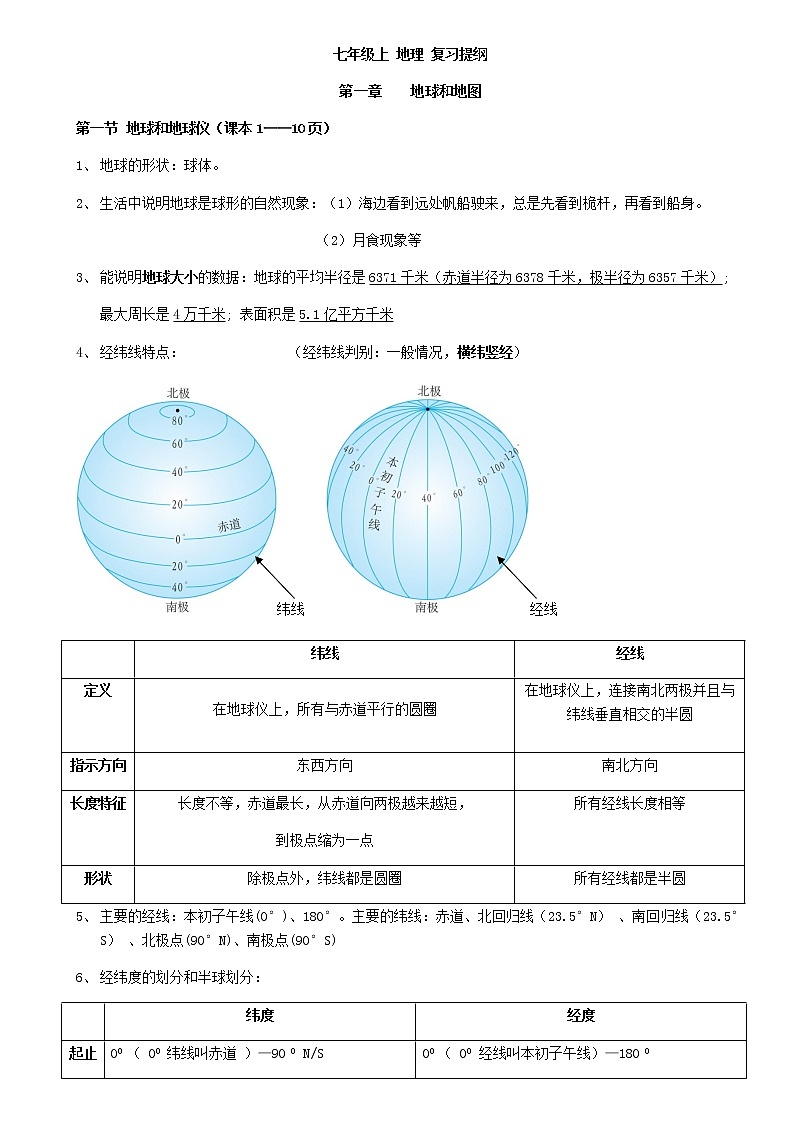 人教版地理七年级上册复习知识点第1页