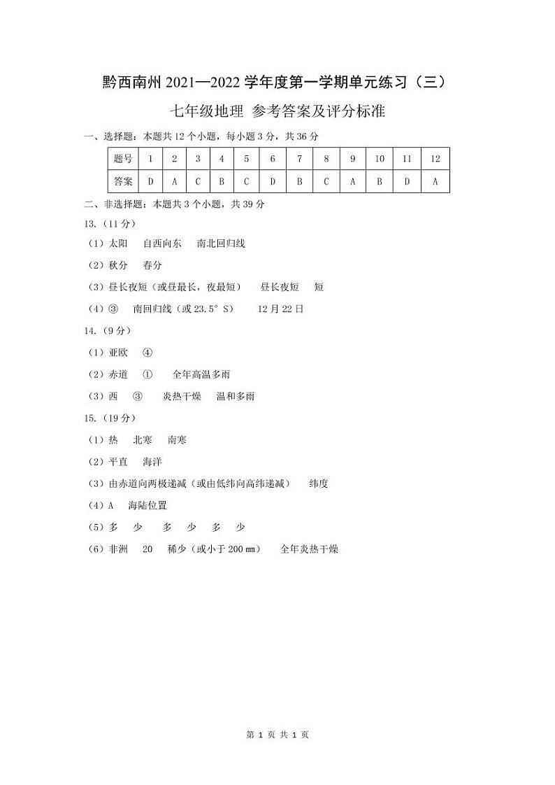 黔西南州2021—2022学年度第—学期单元练习（三）-七年级地理-参考答案第1页