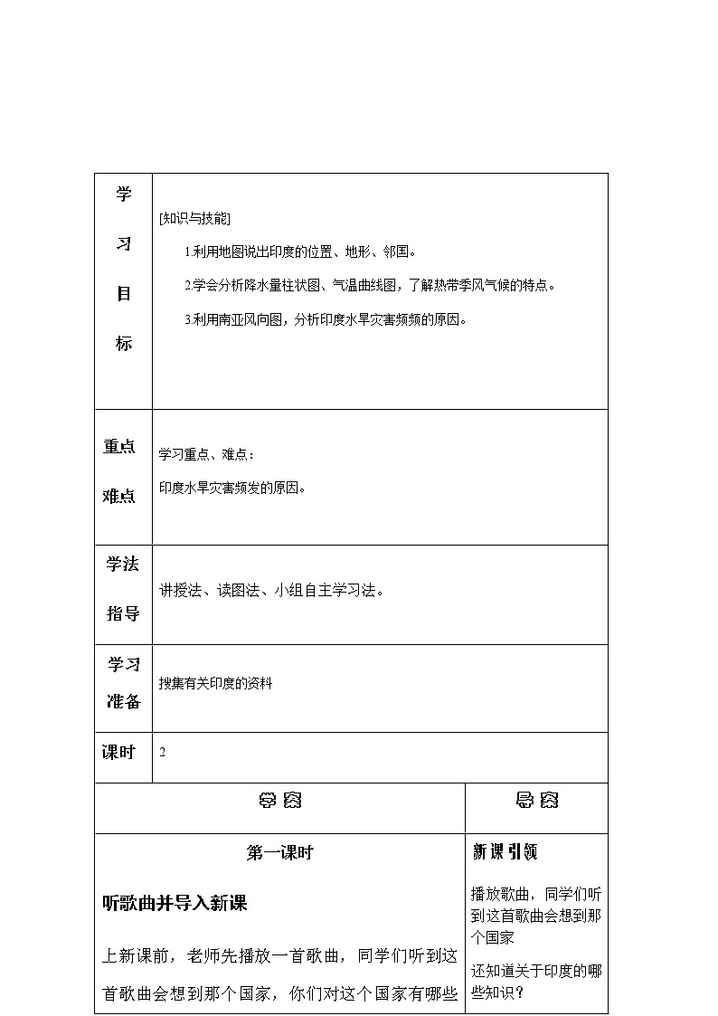 晋教版地理七年级下册：10.2印度（第1课时）教案第1页