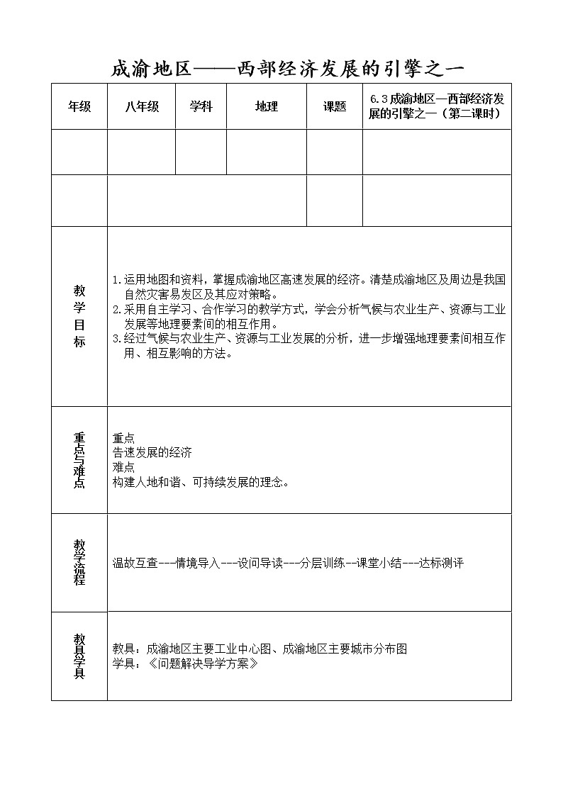 晋教版地理八年级下册：6.3成渝地区教案（第二课时）教案01