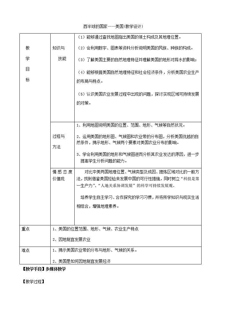 六年级下册教案 9.1 美国 鲁教版（五四学制）（表格式）第1页