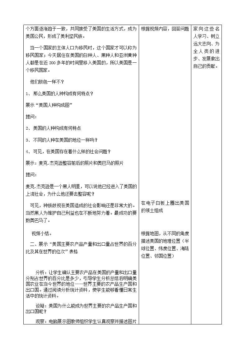 六年级下册教案 9.1 美国 鲁教版（五四学制）（表格式）第3页