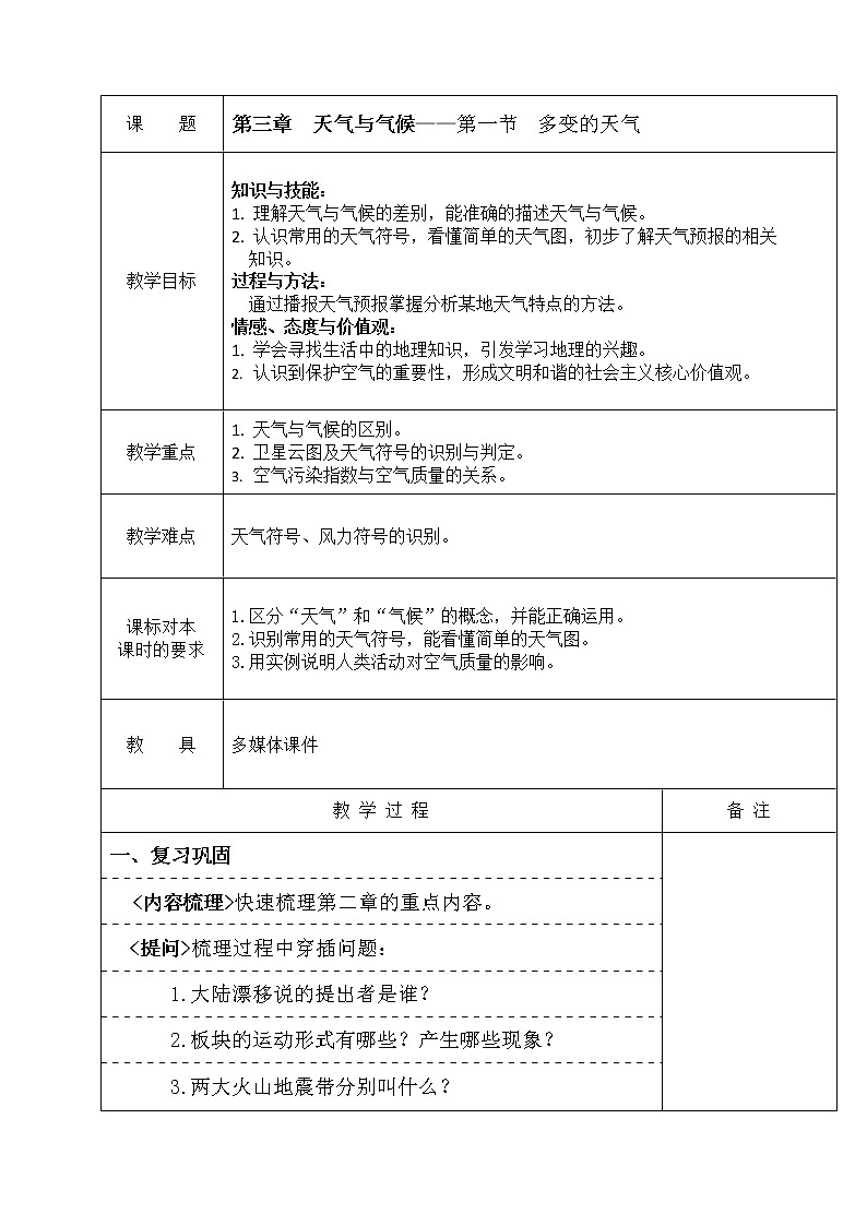 鲁教版（五四制）地理六年级上册 第三章 第一节 多变的天气(1) 教案第1页
