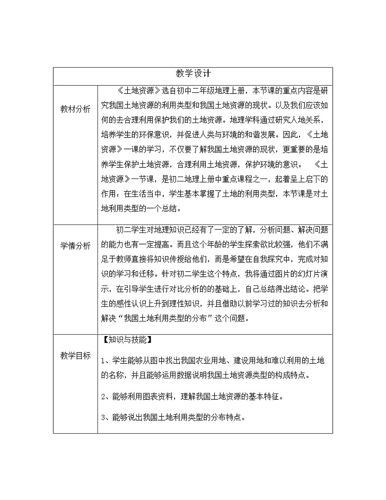2021-2022学年初中地理人教版八年级上册  3.2 土地资源 教学设计第1页