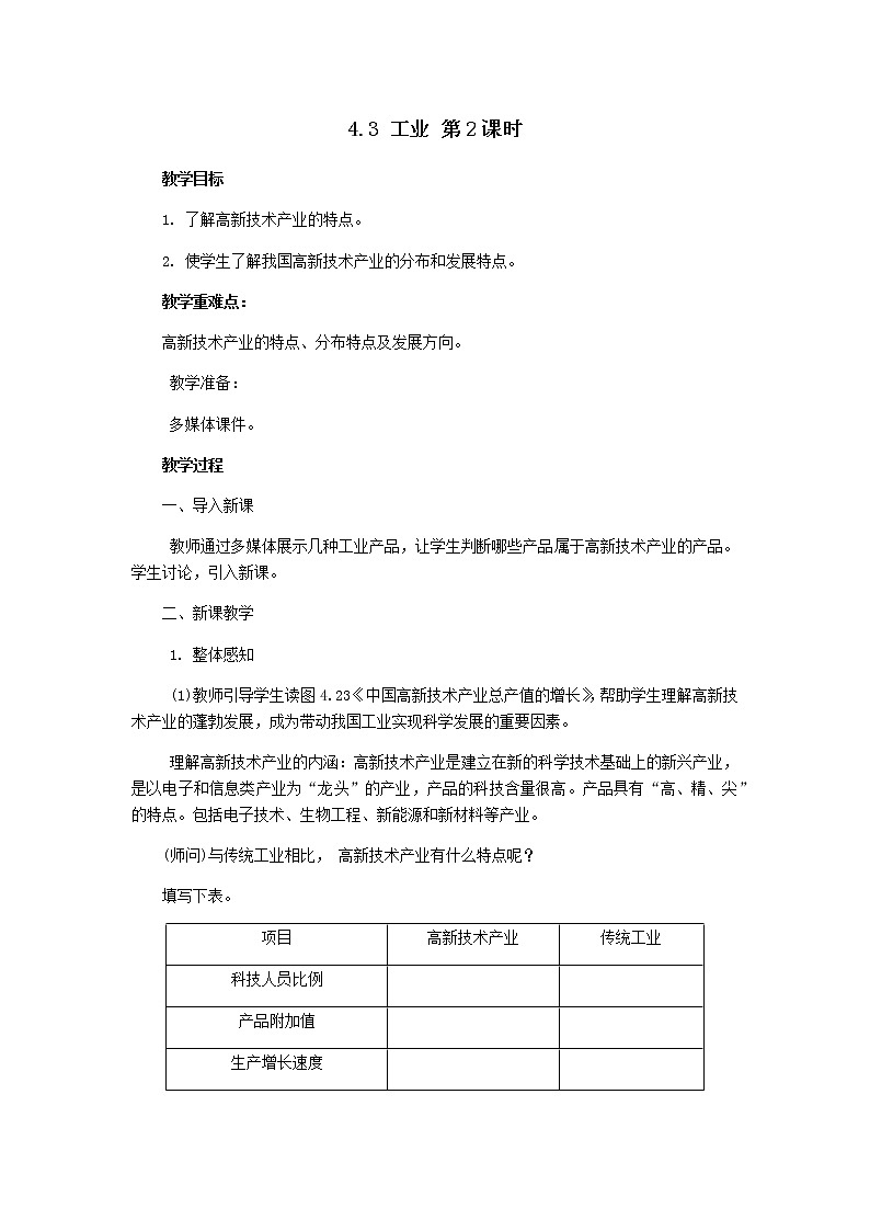 2021-2022学年初中地理人教版八年级上册 4.3 工业(第2课时) 教案01