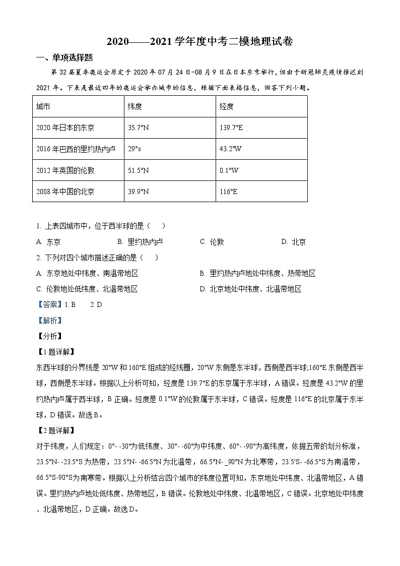 精品解析：2021年山东省青岛市中考二模地理试题（解析版+原卷版）01