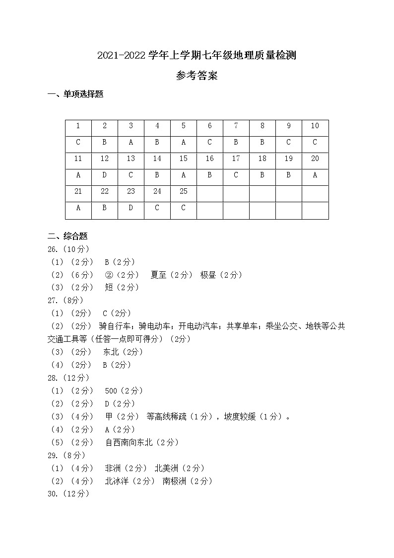 2021-2022学年郑州金水区七上期中地理答案第1页