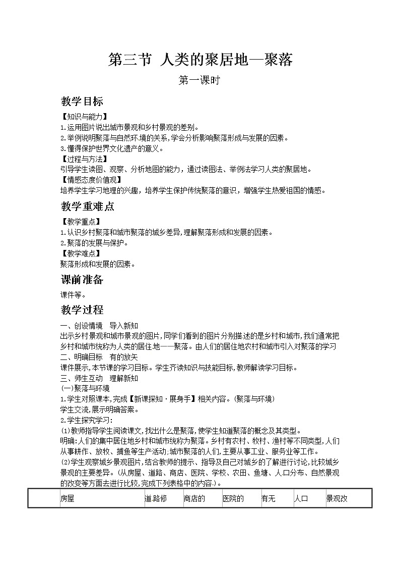 人教版七年级上教案第四章第三节 人类的聚居地—聚落01