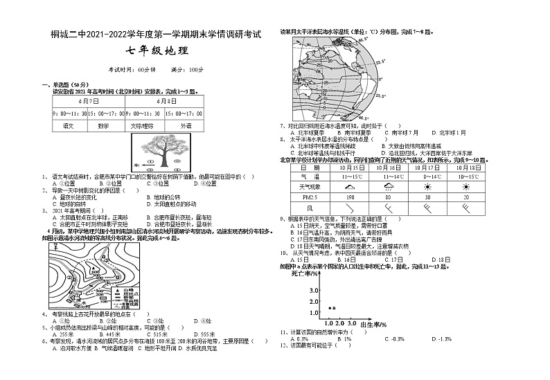 安徽省桐城市第二中学2021-2022学年七年级上学期期末考试地理试题（word版 含答案）第1页