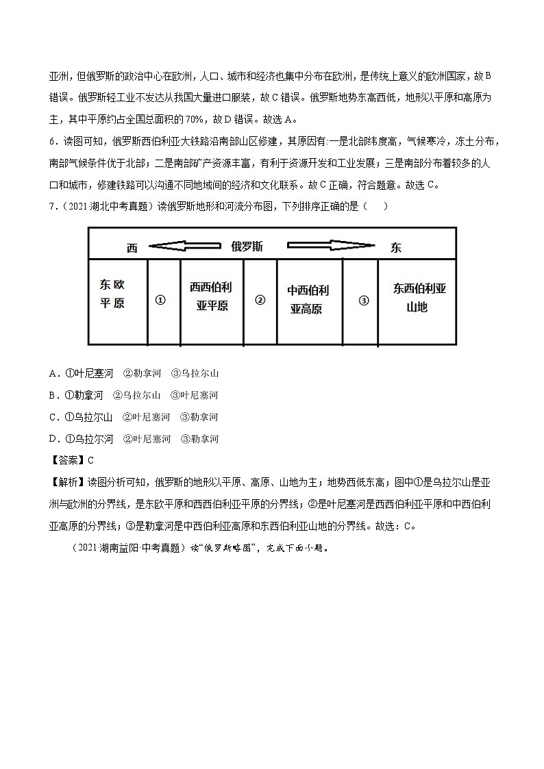 专题12 俄罗斯-近三年中考真题地理一轮复习专题汇编（全国通用2021）（含解析）第3页