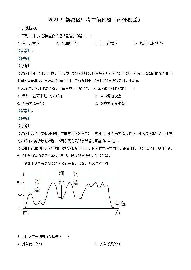 精品解析：2021年内蒙古呼和浩特市新城区中考二模地理试题（解析版）第1页