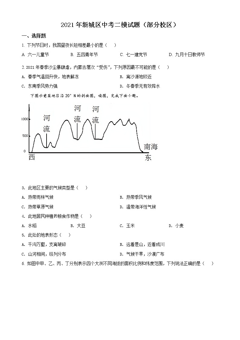 精品解析：2021年内蒙古呼和浩特市新城区中考二模地理试题（原卷版）第1页