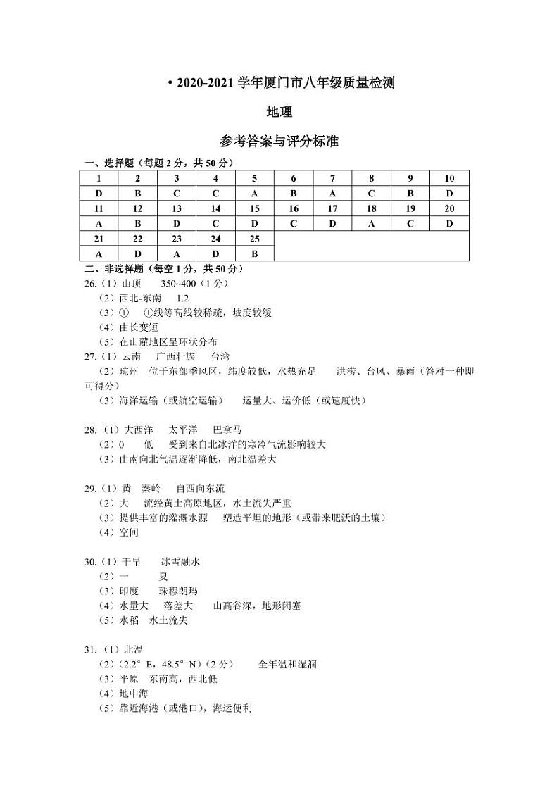 2021年福建省厦门市初中毕业班教学质量检测地理试卷（PDF版，含答案）01
