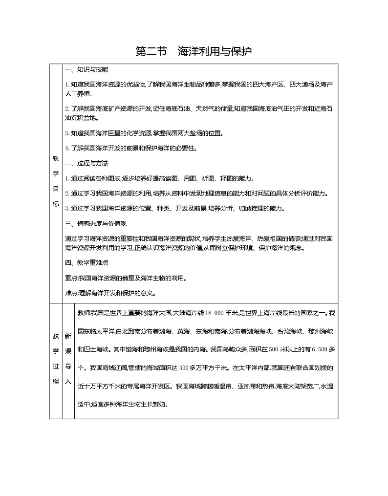 人教版八年级下册地理教案第十章　我国的海洋国土第二节　海洋利用与保护01