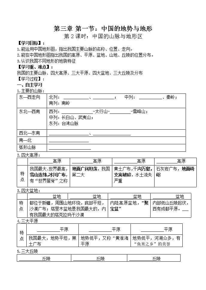 中图版地理七年级上册 第三章 第一节 中国的地势与地形(5) 教案01